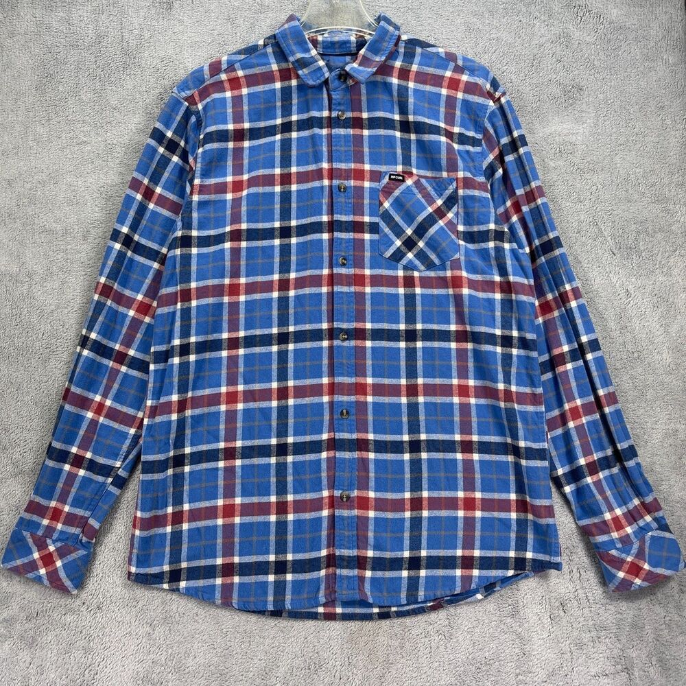 Rip Curl Button Up Men L‎ Blue Plaid The Search Flannel Long Sleeve Pocket